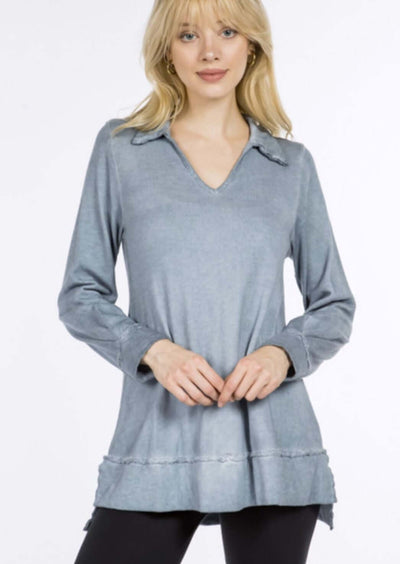 USA Made Ladies Oil Washed French Terry Split Neck Collar Tunic in Steele Blue |  M. Rena Style# S5124A | Women's Made in America Clothing
