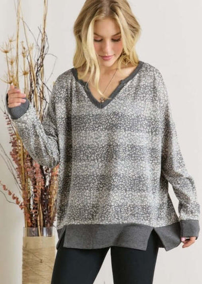 Ladies Oversized Lightweight Super Soft Patterned Striped Top in Shades of Grey | Made in USA | Classy Cozy Cool Women's Made in America Clothing
