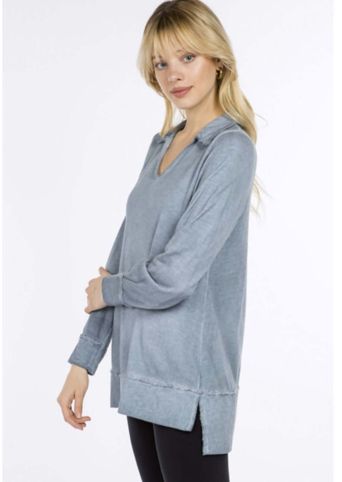 USA Made Ladies Oil Washed French Terry Split Neck Collar Tunic in Steele Blue |  M. Rena Style# S5124A | Women's Made in America Clothing