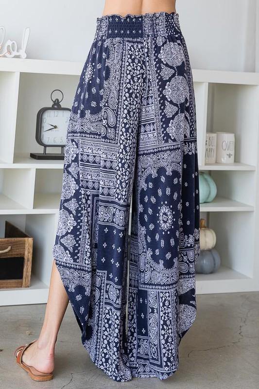 Brand: Bucket List - Wide Leg Paisley Print Pants -  Bohemian, BoHo, Bottoms, Clothes, Featured, made in usa, Navy, Paisley, Pants, soft, Spring, Summer, Wide Leg, Women - Classy Cozy Cool Boutique