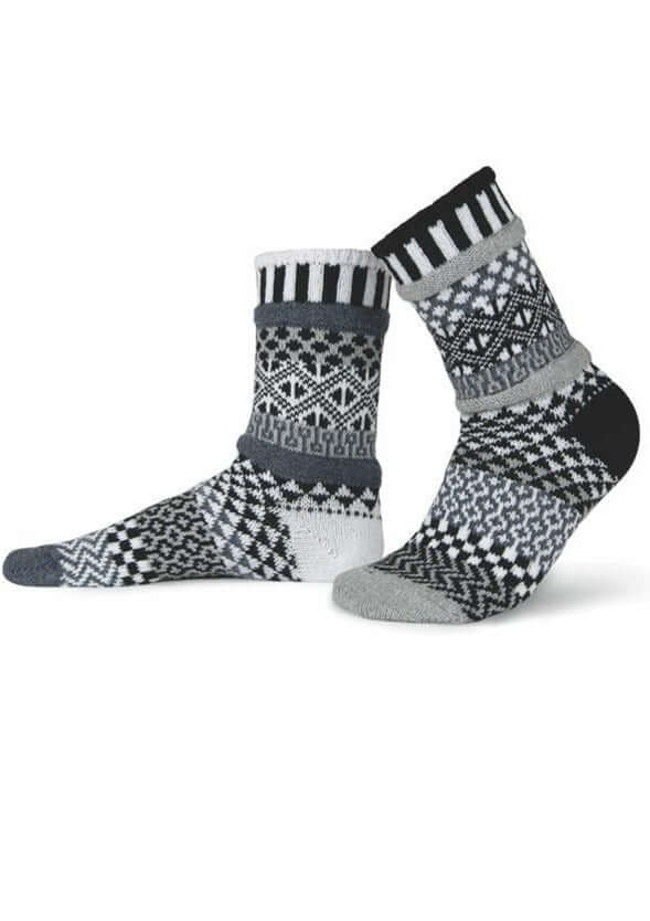 Solmate MIDNIGHT Black & White Knitted Crew Socks | Made In USA | Delightfully Mismatched & so Very Comfortable. Classy Cozy Cool Women's Boutique.