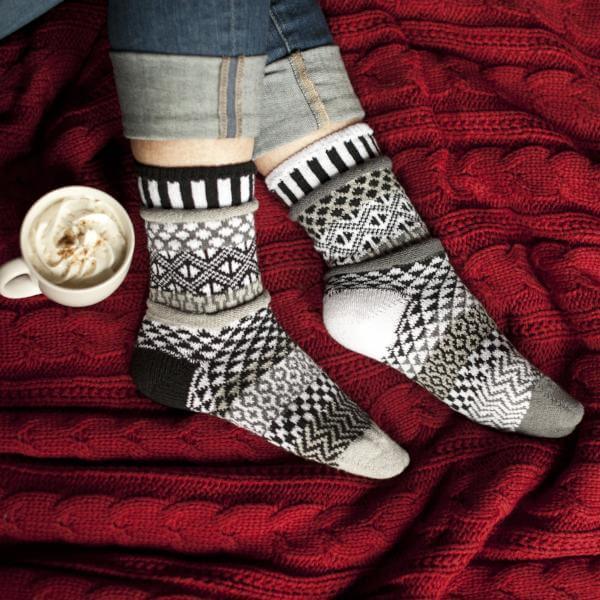 USA Made Socks Solmate MIDNIGHT Black & White Knitted Crew Socks | Made In USA | Delightfully Mismatched & so Very Comfortable. Classy Cozy Cool Women's Boutique.