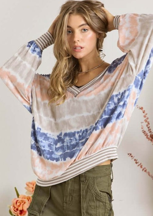 Ladies Oversized Lightweight Super Soft Raglan Tie Dye Striped V-Neck Long Sleeve Top | Made in USA | Women's American Made Clothing Boutique