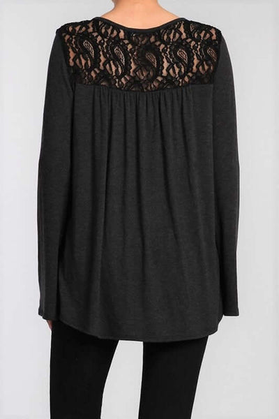 Chatoyant Heather Black Long Bell Sleeve Top with Lace Panels at Shoulders.  Made in the USA & Sold by Classy Cozy Cool Women's Boutique Back View