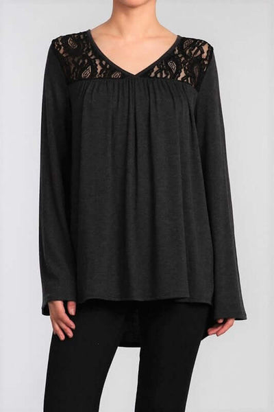 Chatoyant Heather Black Long Bell Sleeve Top with Lace Panels at Shoulders.  Made in the USA & Sold by Classy Cozy Cool Women's Boutique