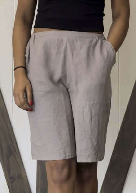 USA Made 100% Linen Ladies Khaki Grey Walking Shorts with Pockets | Match Point Style PLP2089 | Classy Cozy Cool Women's Made in America Boutique