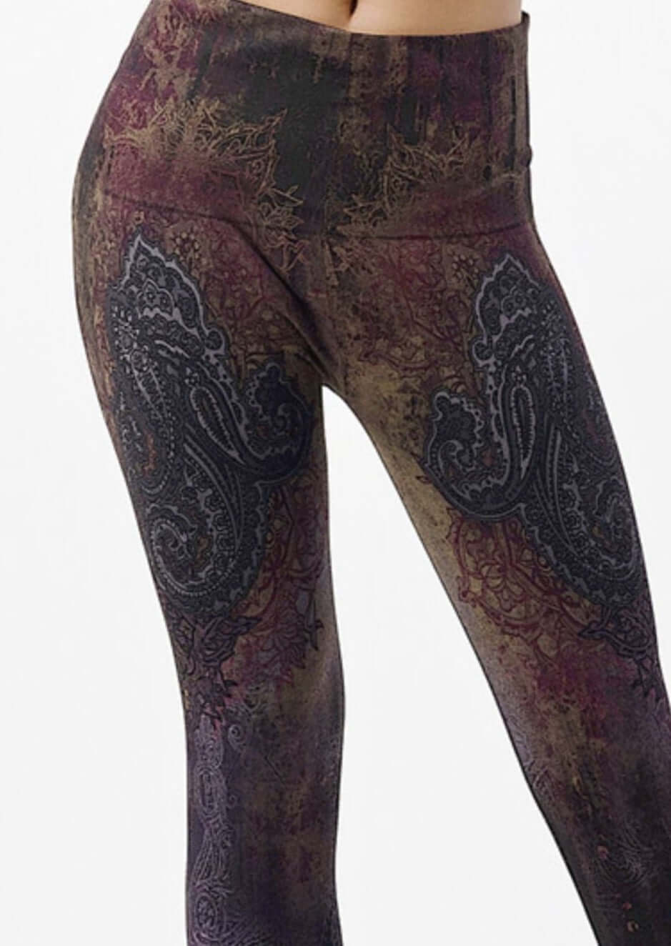 M. Rena Ladies High Waist Tummy Control Printed Paisley Leggings | Made in USA | Deep Fall Colors of Amber, Wine, Gold, Black & Gray | Made in America Boutique