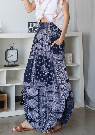 BoHo Navy wide Leg Paisley Print Design Pants | Brand: Bucket List | Style # P5024 | Made in the USA | Classy Cozy Cool Women’s Clothing Boutique