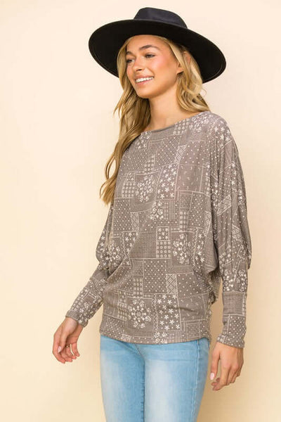 USA Made Ladies Patchwork Hacci Top in Mocha with Long Dolman Sleeves | Classy Cozy Cool Women's American Made Clothing Boutique 