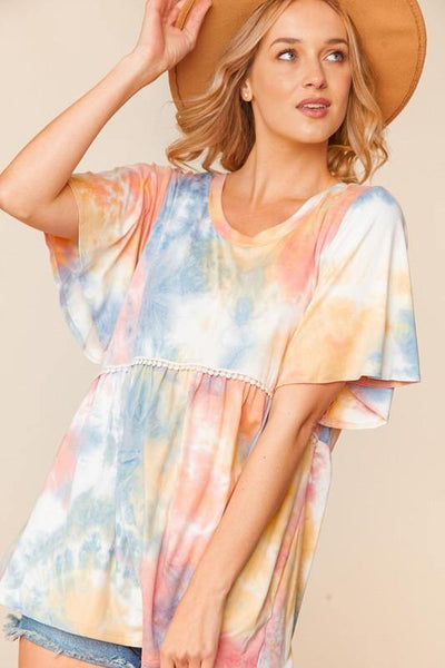 Brand: Haptics - TIE DYE BABY DOLL FLUTTER RUFFLE SLEEVE -  beach, Beach Wear, Best Dressed, Blouse, BoHo, Clothes, Featured, made in usa, Plus, Shirt, soft, Spring, Summer, vacation, Women, Women's Clothing - Classy Cozy Cool Boutique
