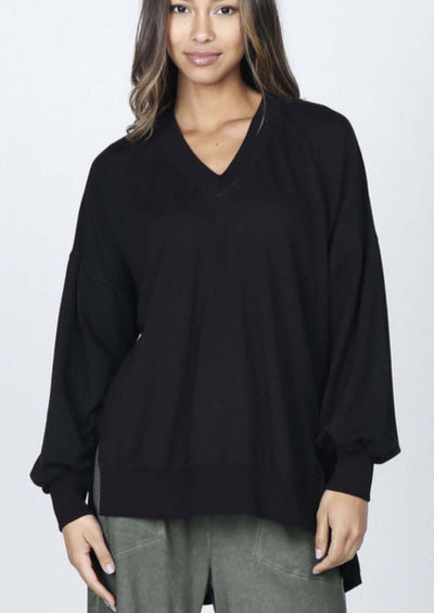 USA Made M. Rena French Terry V-Neck Tunic with Woven Back Contrast Panel in Black |  M. Rena Style# S5309 | Women's Made in America Clothing