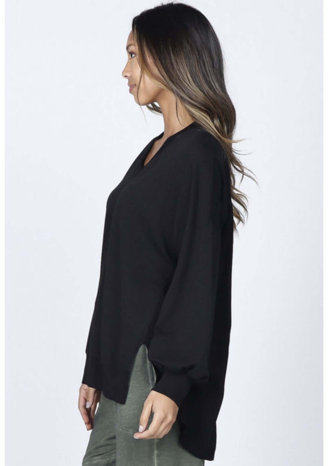 USA Made M. Rena French Terry V-Neck Tunic with Woven Back Contrast Panel in Black |  M. Rena Style# S5309 | Women's Made in America Clothing