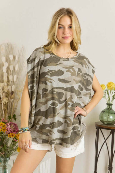 Made in USA Ladies Oversized Fit Wide Boat Neck Batwing Sleeves Short Sleeves Slouchy Dolman Camo Print Top | Classy Cozy Cool Made in America Boutique