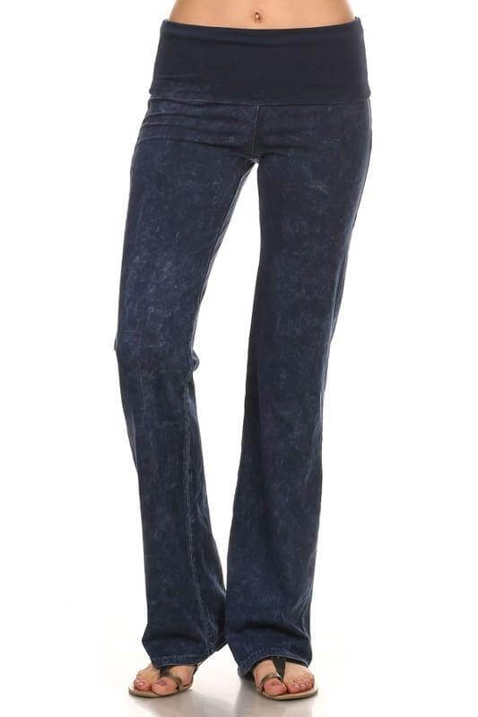 Women's Cotton Bootcut Jeggings with Fold Over Waist in Mineral Washed Dark Denim | Chatoyant Style C30136 | Made in USA | Classy Cozy Cool Women's Made in America Clothing Boutique
