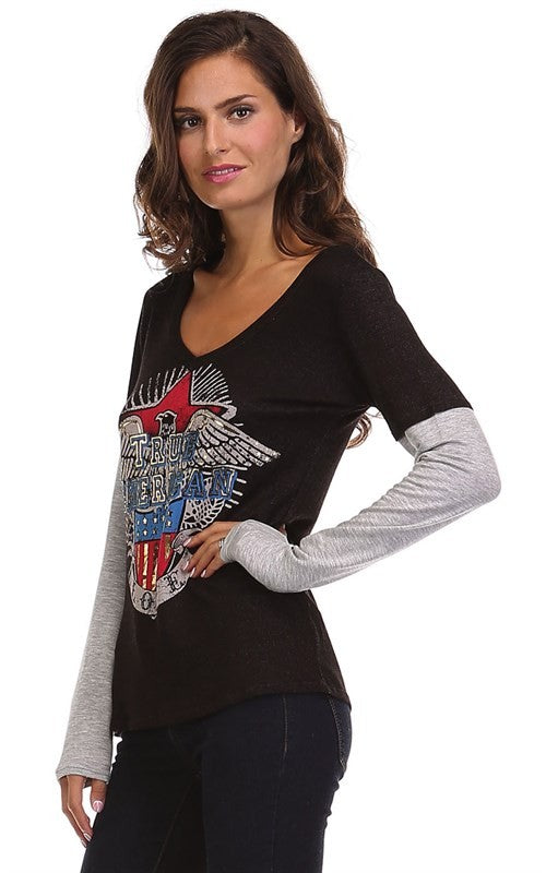 Ladies True American V-Neck 2 Tone Long Sleeve Raglan Top with "True American" Eagle Graphic design | Made in USA | Classy Cozy Cool Boutique