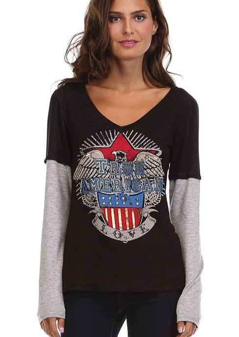 Ladies True American V-Neck 2 Tone Long Sleeve Raglan Top with "True American" Eagle Graphic design | Made in USA | Classy Cozy Cool Boutique