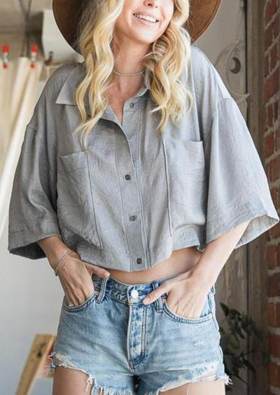 Brand: Bucket List - Silver Cropped Button Up Top with Collar Neckline -  Best Dressed, Blouse, Bohemian, BoHo, Button Down, Collared, Crop Top, Featured, Made in America, made in usa, Shirt, Silver, Spring, Summer, Women's Clothing - Classy Cozy Cool Boutique