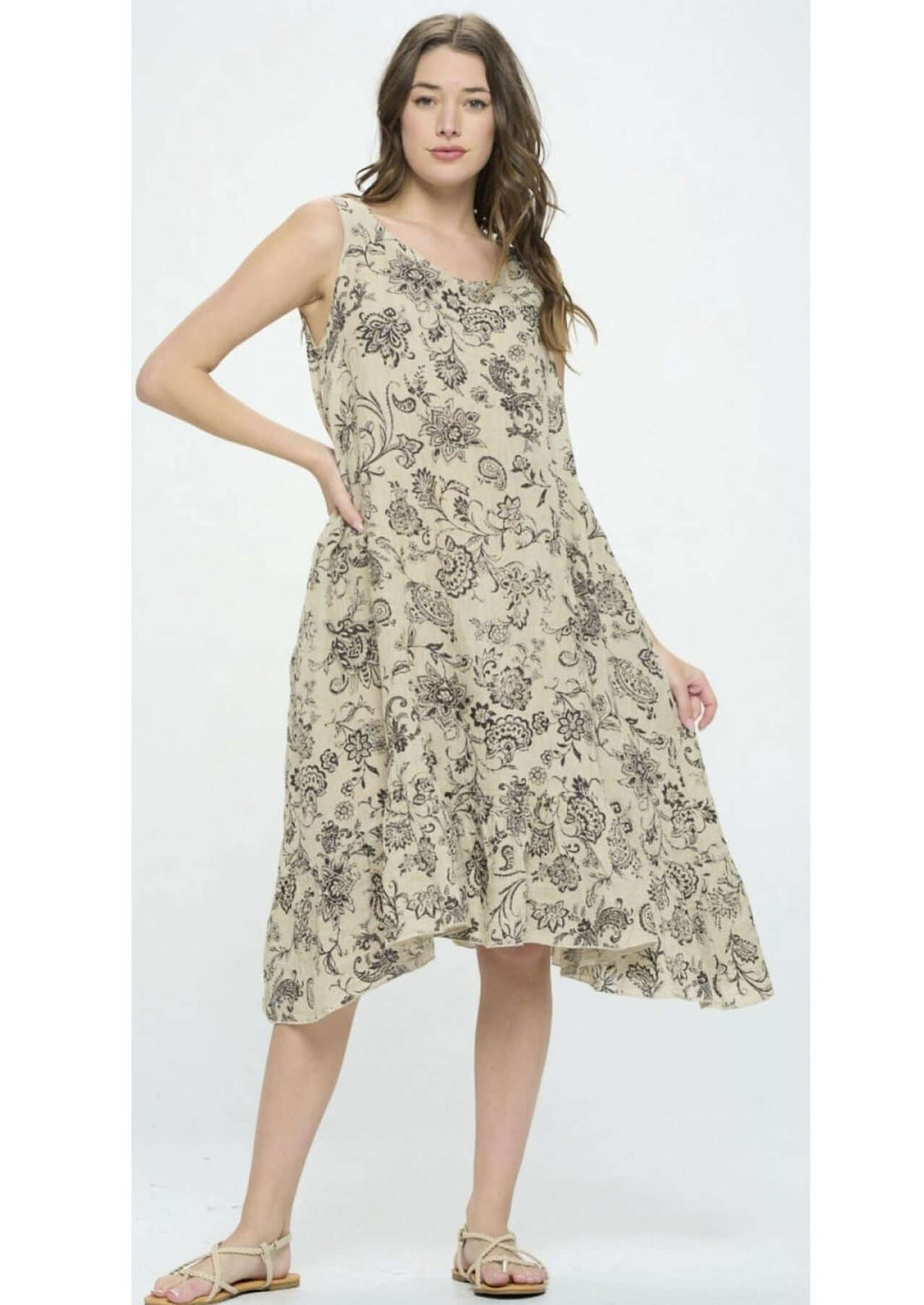 USA Made 100% Linen Ladies Sleeveless Floral Midi Dress in Taupe & Black | Match Point Style MD1041 | Women's Made in America Boutique