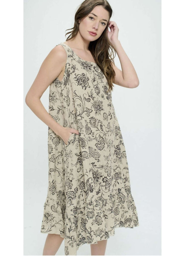 USA Made 100% Linen Ladies Sleeveless Floral Midi Dress in Taupe & Black | Match Point Style MD1041 | Women's Made in America Boutique