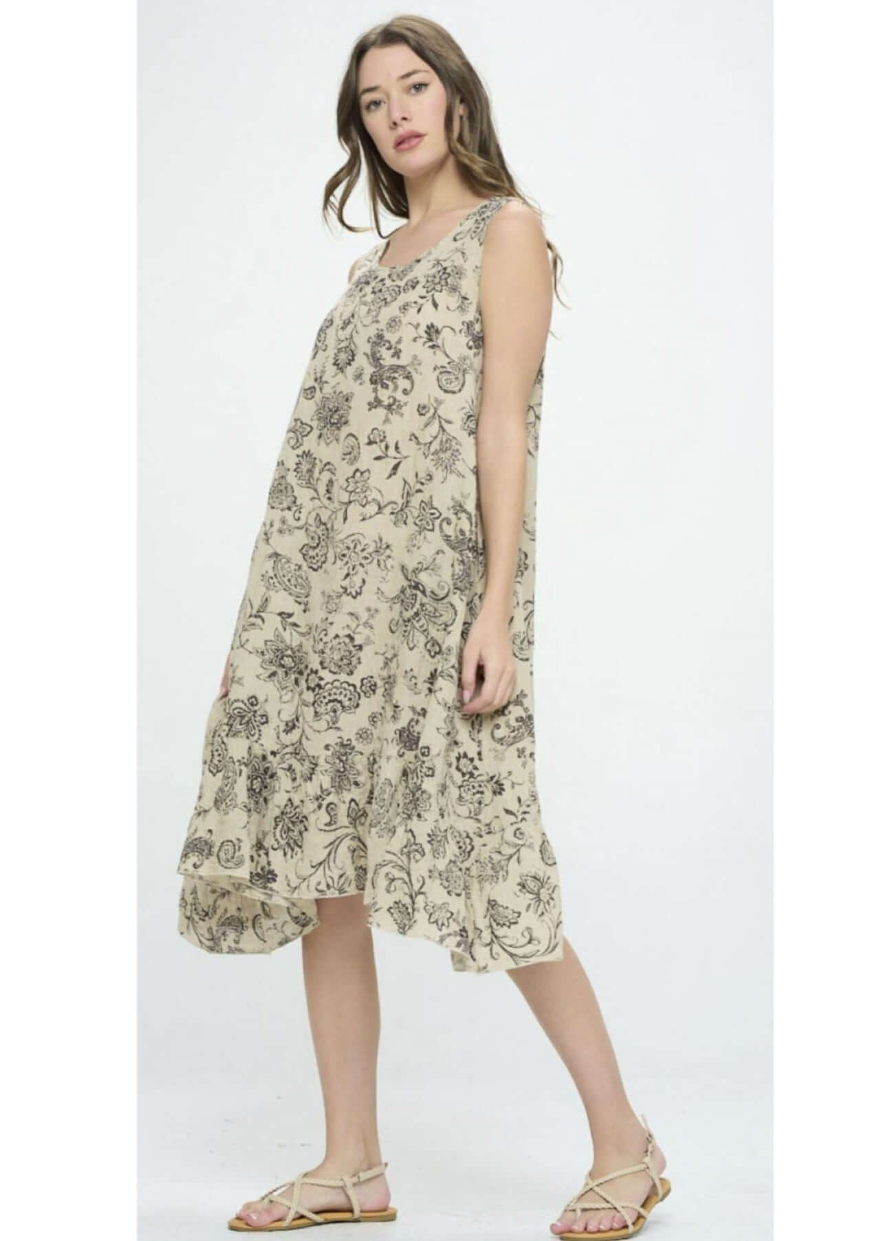 USA Made 100% Linen Ladies Sleeveless Floral Midi Dress in Taupe & Black | Match Point Style MD1041 | Women's Made in America Boutique