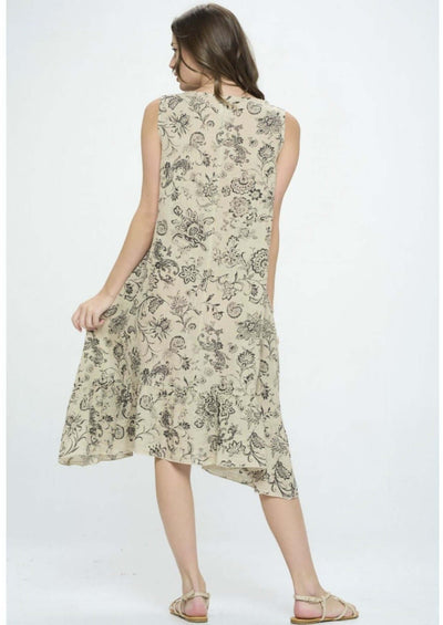 USA Made 100% Linen Ladies Sleeveless Floral Midi Dress in Taupe & Black | Match Point Style MD1041 | Women's Made in America Boutique
