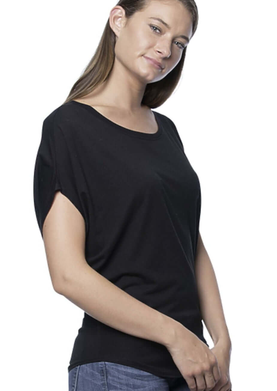 USA Made Ladies Black Poncho Style Organic Bamboo & Cotton Dolman Sleeve Tee Shirt | Classy Cozy Cool Women's Made in America Boutique