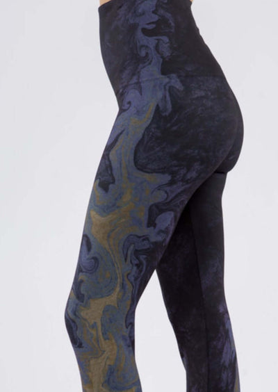 M. Rena Ladies High Waist Tummy Control Water Color Printed Leggings | Made in USA | Deep Indigo & Gold Tones | Made in America Boutique
