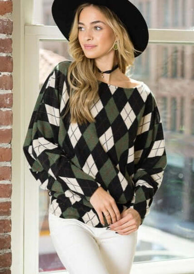 USA Made Ladies Hunter Green Argyle Print Dolman Sleeve Hacci Top | Classy Cozy Cool Women's American Made Clothing Boutique 