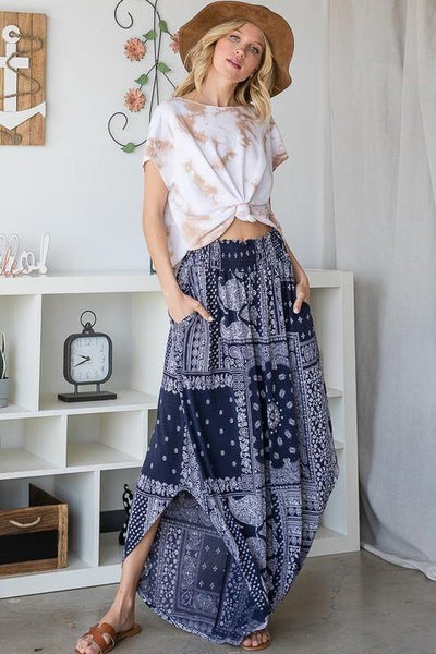 Brand: Bucket List - Wide Leg Paisley Print Pants -  Bohemian, BoHo, Bottoms, Clothes, Featured, made in usa, Navy, Paisley, Pants, soft, Spring, Summer, Wide Leg, Women - Classy Cozy Cool Boutique
