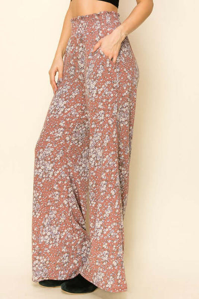 USA Made Ladies Smocked Waist Floral Relaxed Fit Super Soft Casual Pants in Grey or Rust with Off White Floral Pattern | Made in America Women's Boutique