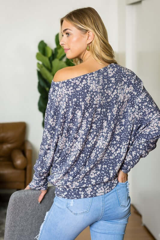 Navy Blue Ditsy Floral Dolman Top Made in USA - Clearance Final Sale