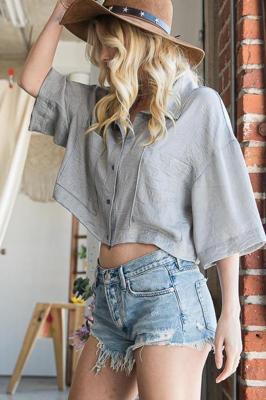 Brand: Bucket List - Silver Cropped Button Up Top with Collar Neckline -  Best Dressed, Blouse, Bohemian, BoHo, Button Down, Collared, Crop Top, Featured, Made in America, made in usa, Shirt, Silver, Spring, Summer, Women's Clothing - Classy Cozy Cool Boutique