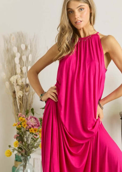 Ladies Halter Style Maxi Dress in Soft Stretchy Jersey Material and Back Tie at Neckline in Fuchsia  | Made in USA | Classy Cozy Cool Women's Made in America Boutique