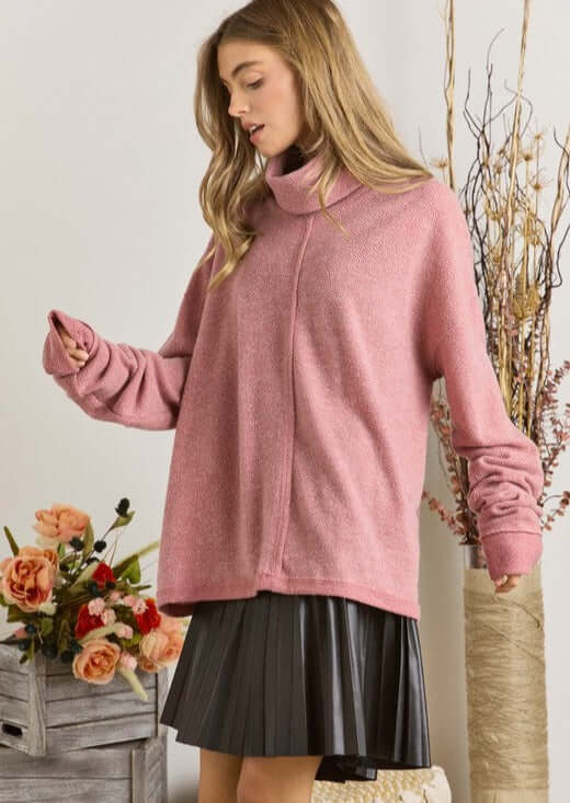 Adora Style MYT15347 Oversized Ladies Super Soft Mauve Turtleneck Sweater Top | Made in USA | Classy Cozy Cool American Made Women's Clothing
