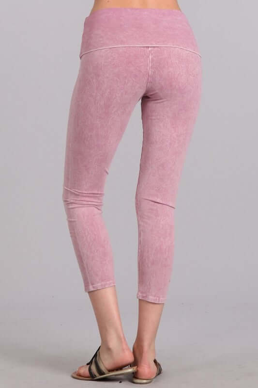 Rose Pink Chatoyant Mineral Washed Pull On Capri Leggings | Made in USA | Tummy control wide fold-over waistband | Classy Cozy Cool Women's American Boutique