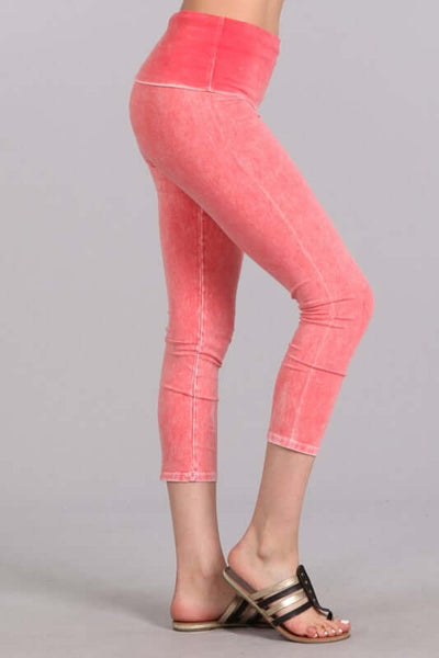 Chatoyant Mineral Washed Pull On Capri Leggings | Made in USA | Tummy control wide fold-over waistband | Classy Cozy Cool Women's American Boutique