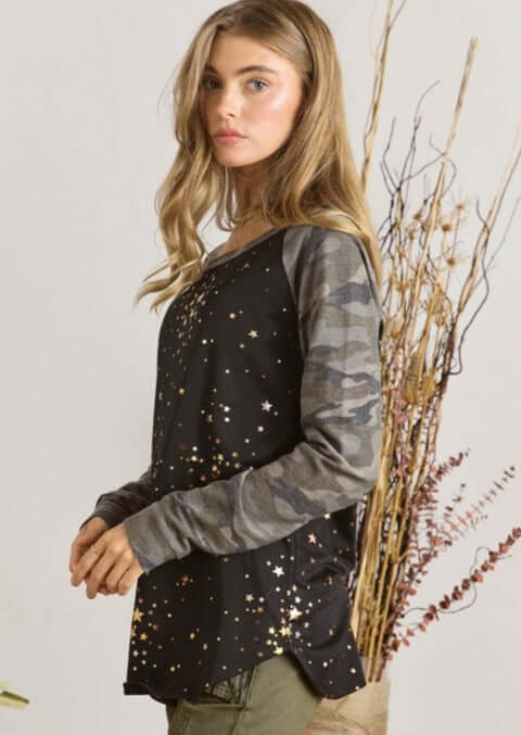Adora Star Detail Camo Sleeve Long Sleeve Tee available in Black & Gray | Made in USA | Made in America Women's Clothing Boutique 