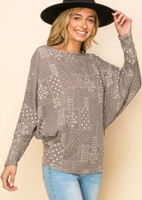 USA Made Ladies Patchwork Hacci Top in Mocha with Long Dolman Sleeves | Classy Cozy Cool Women's American Made Clothing Boutique 