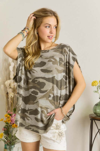 Made in USA Ladies Oversized Fit Wide Boat Neck Batwing Sleeves Short Sleeves Slouchy Dolman Camo Print Top | Classy Cozy Cool Made in America Boutique