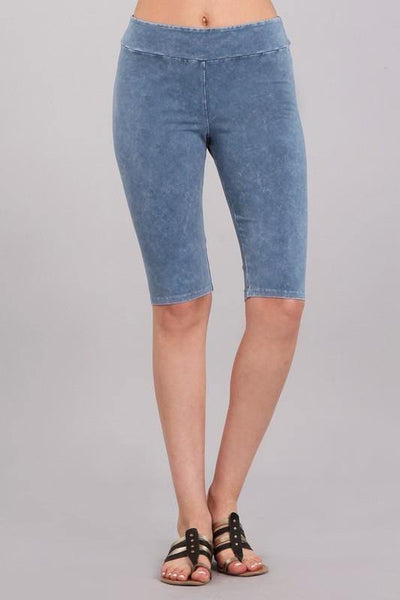 Ladies Mineral Washed Light Denim Knee Length Biker Shorts | Chatoyant Style# C11309 | Made in USA | Classy Cozy Cool Women's Made in America Boutique