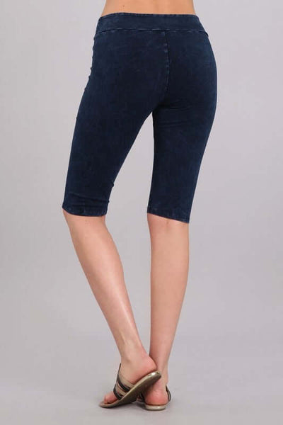 Ladies Mineral Washed Dark Denim Knee Length Biker Shorts | Chatoyant Style# C30331 | Made in USA | Classy Cozy Cool Women's Made in America Boutique