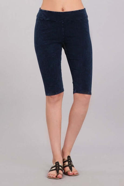 Ladies Mineral Washed Dark Denim Knee Length Biker Shorts | Chatoyant Style# C30331 | Made in USA | Classy Cozy Cool Women's Made in America Boutique