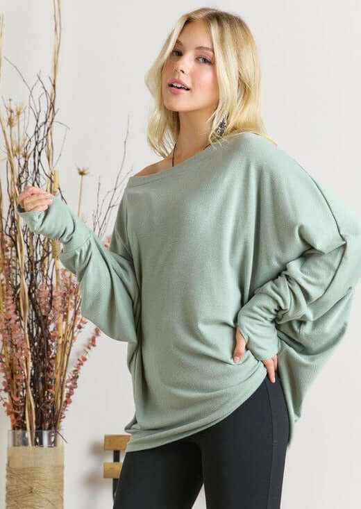 Ladies Oversized Lightweight Super Soft Dolman Sleeve Top in Sage | Made in USA | Classy Cozy Cool Women's American Made Clothing Boutique