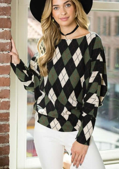 USA Made Ladies Hunter Green Argyle Print Dolman Sleeve Hacci Top | Classy Cozy Cool Women's American Made Clothing Boutique 