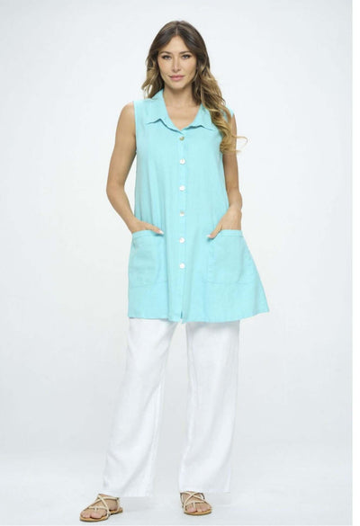 USA Made 100% Linen Ladies Sleeveless Aqua Button Down Tunic with Pockets | Match Point Style LT267 | Women's Made in America Boutique