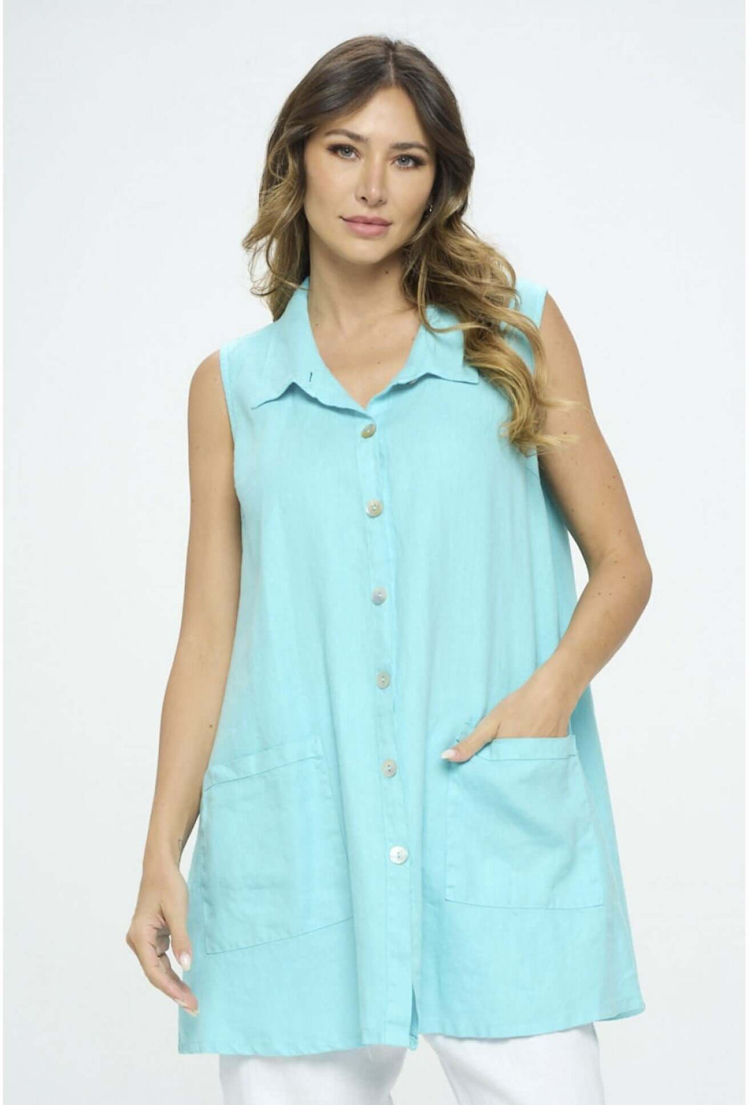 USA Made 100% Linen Ladies Sleeveless Aqua Button Down Tunic with Pockets | Match Point Style LT267 | Classy Cozy Cool Women's Made in America Boutique