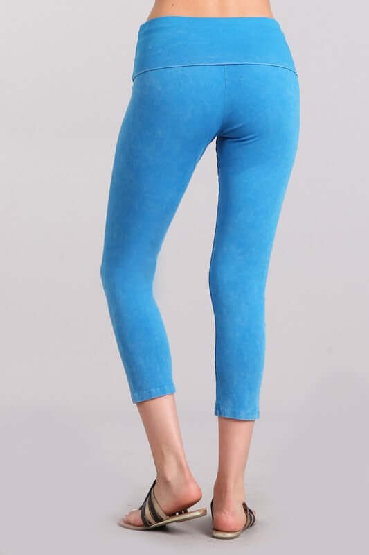 Aqua Blue Chatoyant Mineral Washed Pull On Capri Leggings | Made in USA | Tummy control wide fold-over waistband | Classy Cozy Cool Women's American Boutique