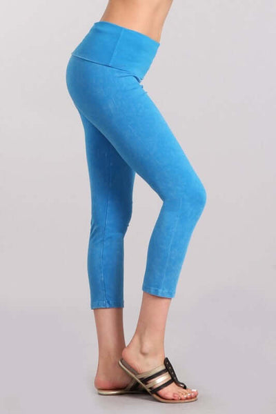 Chatoyant Mineral Washed Pull On Capri Leggings | Made in USA | Tummy control wide fold-over waistband | Classy Cozy Cool Women's American Boutique