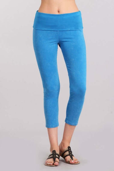 Aqua Blue Chatoyant Mineral Washed Pull On Capri Leggings | Made in USA | Tummy control wide fold-over waistband | Classy Cozy Cool Women's American Boutique