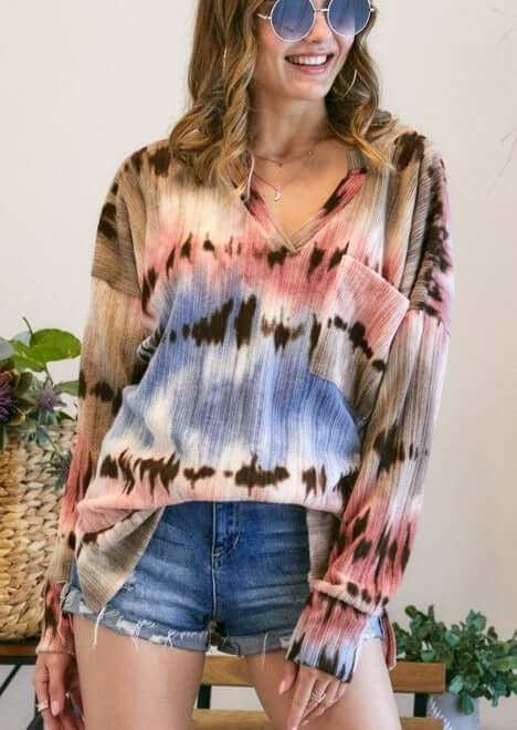 Ladies Adora Multi Color Tie Dye Print V-Neck Soft Top in Blue, Mauve, Tan & Brown | Made in USA | Classy Cozy Cool Women's Made in America Clothing